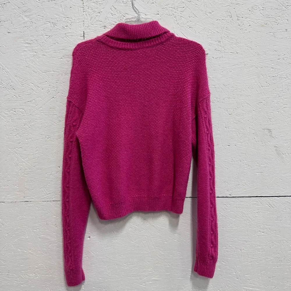 Free People Large Sweater Pink Cable Knit Polo Collar Boho Barbiecore Vibrant